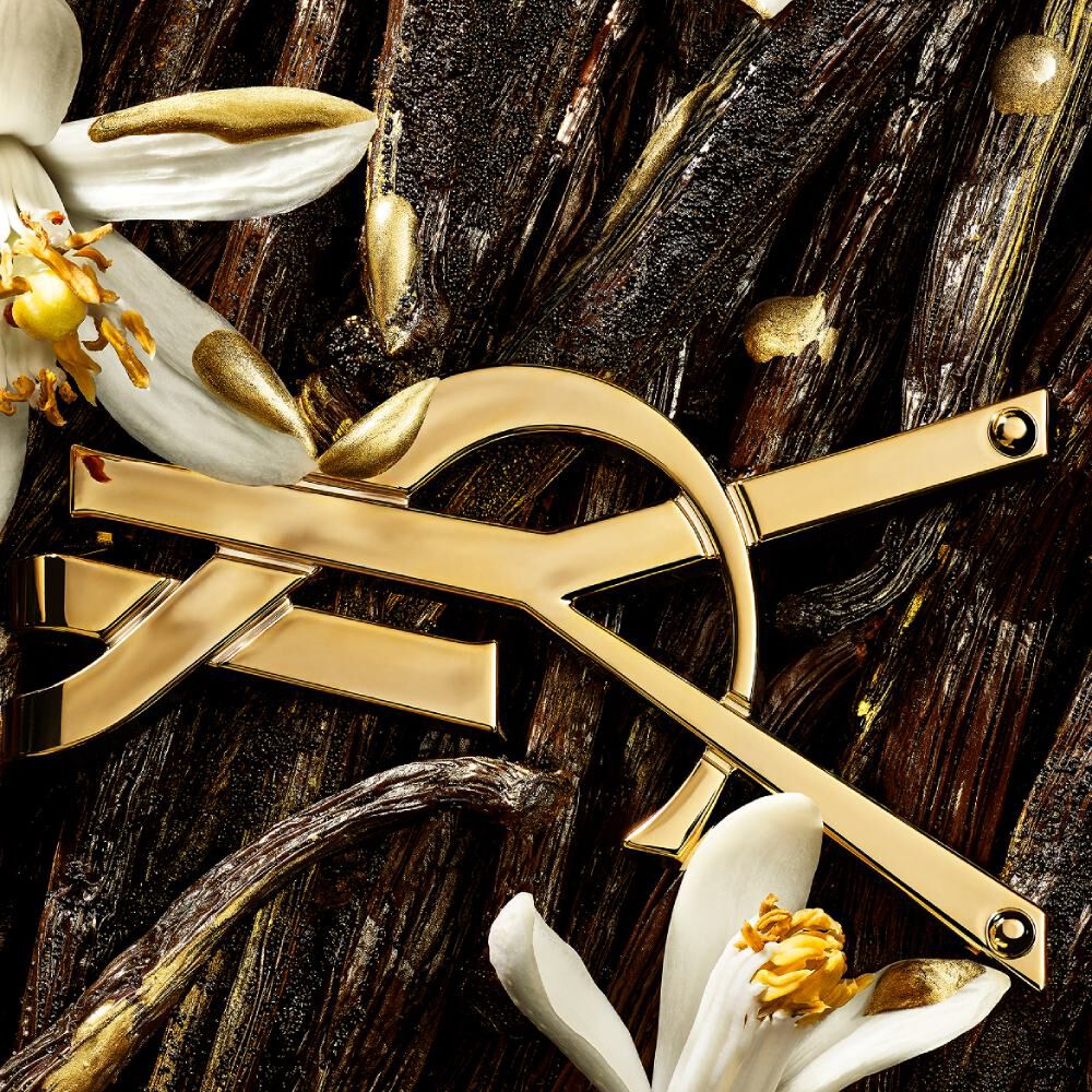 Close-up van het gouden YSL-logo geplaatst tussen vanillepeulen, witte bloemen en sprankelende gouden accenten.