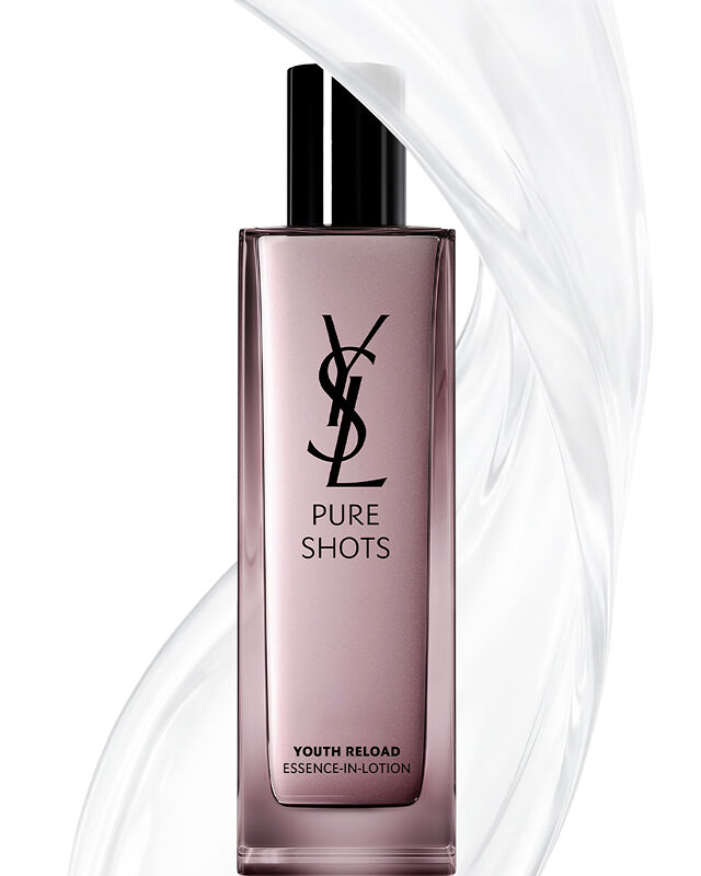 YSL Beauty Pure Shots Youth Reload Essence-in-Lotion fles, omgeven door een heldere, dynamische werveling van de textuur.