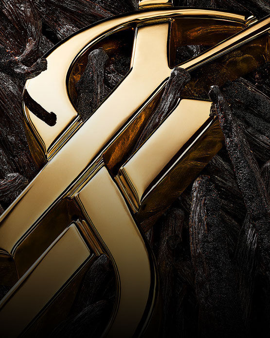 Een gedetailleerd beeld van donkere vanillestokjes met een glanzend gouden YSL-embleem.