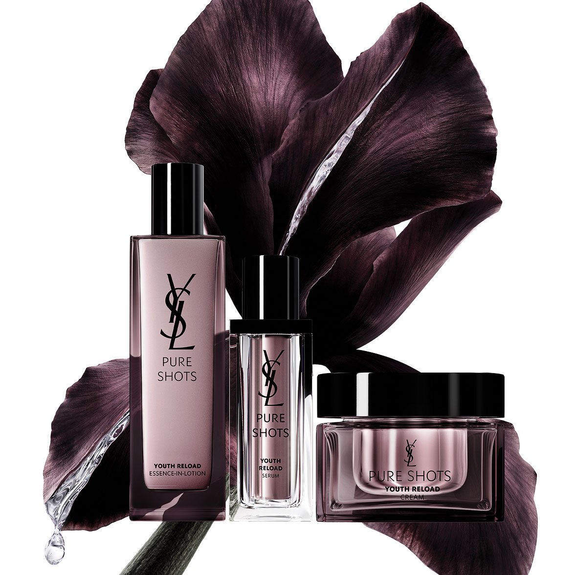 YSL Beauty Pure Shots Youth Reload Essence-in-Lotion, Serum, Cream met iris bloem.