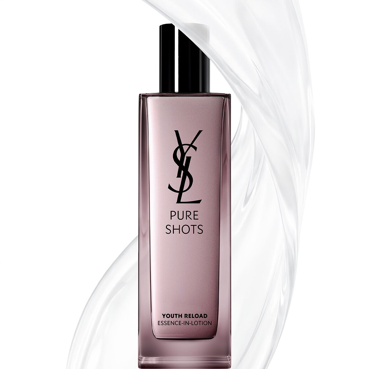 YSL Beauty Pure Shots Youth Reload Essence-in-Lotion fles, omgeven door een heldere, dynamische werveling van de textuur.