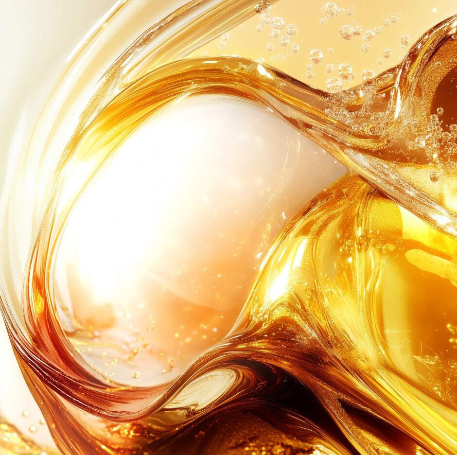 Ingrediënt in de schijnwerpers: YSL Pure Shots Eye Reboot Cream, een abstracte gouden vloeistof met bubbels die het Cafeïne Vitamine-complex vertegenwoordigt.